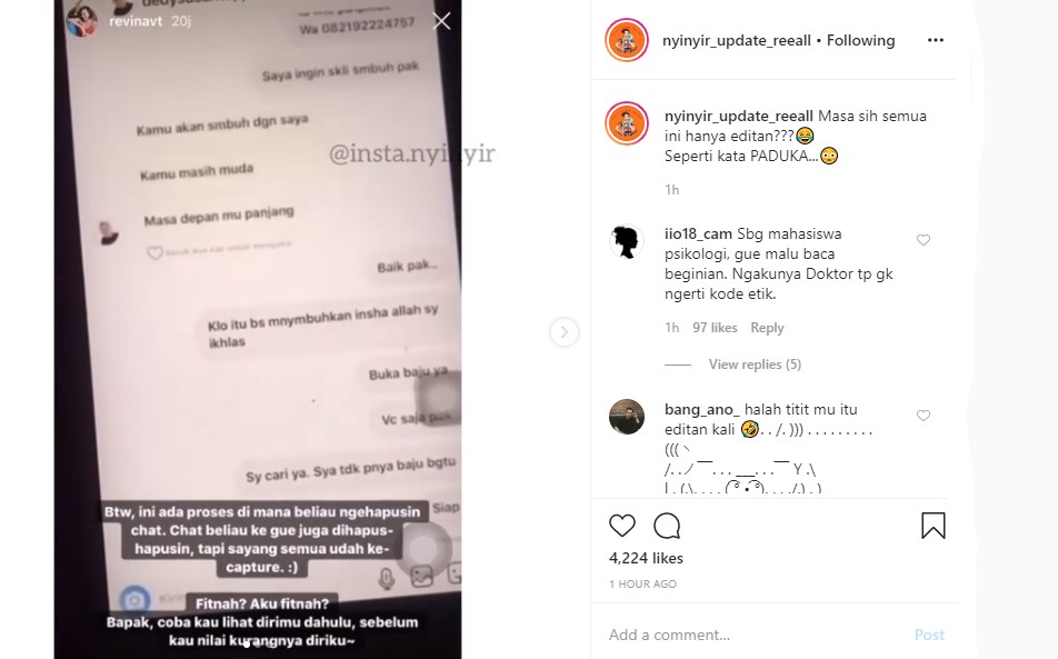 Ngotot Hasil Editan, Dedy Susanto Malah Ketahuan Revina VT Hapus Pesan IG