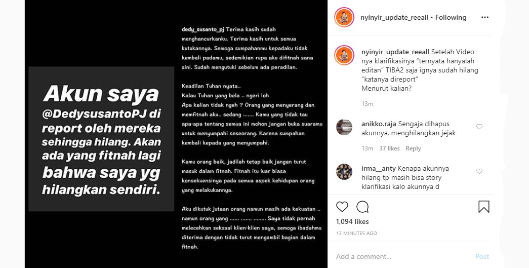 Akun IG Dedy Susanto Lenyap Ngaku Kena Report, Dugaan Hilangkan Bukti Malah Mencuat