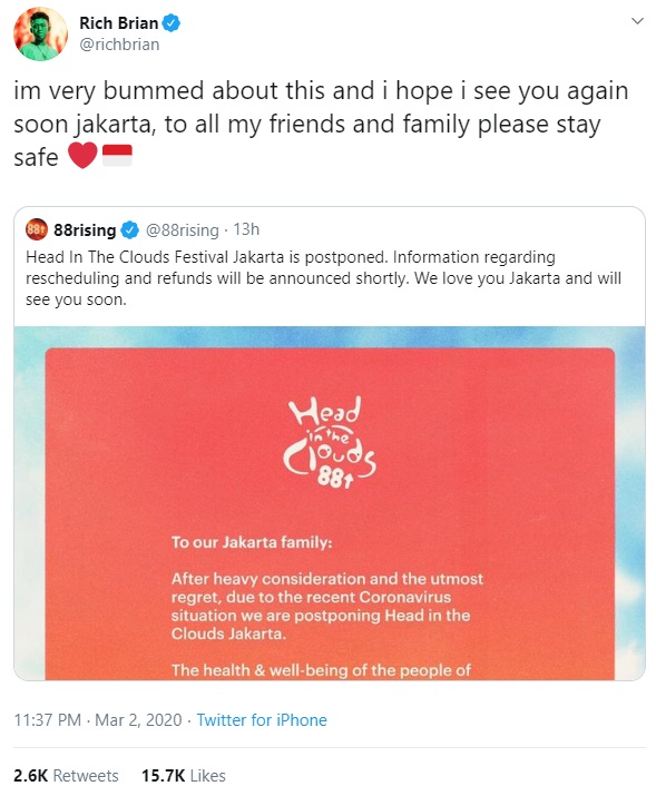 Rich Brian Batal ke Jakarta Usai Temuan Dua Kasus Virus Corona di Indonesia