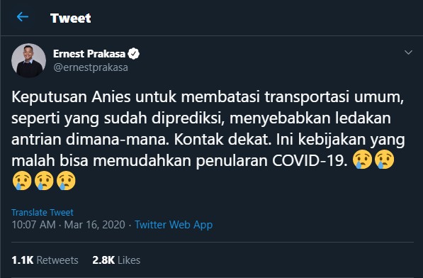 ernest prakasa memberikan kritik ke anis baswedan