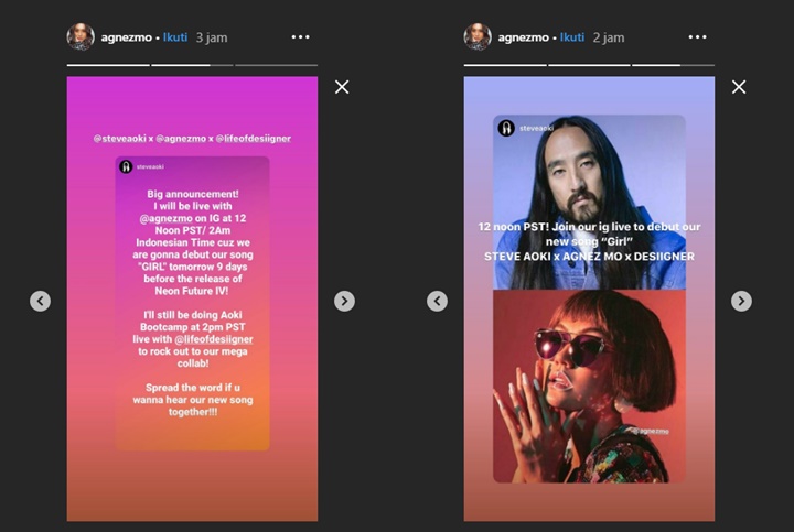 Agnez mo dan steve aoki mengungkapkan kolaborasi mereka melalui instagram masing-masing