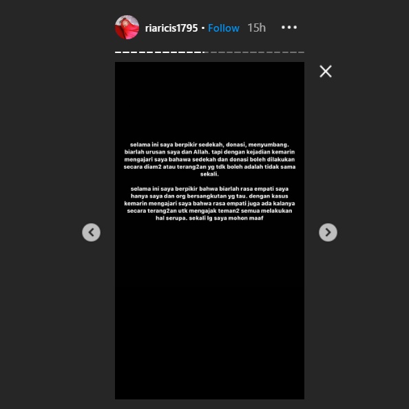 ria ricis menuliskan permintaan maaf terbuka lantaran dianggap salah kaprah mengenai keputusannya tidak riyal donasi