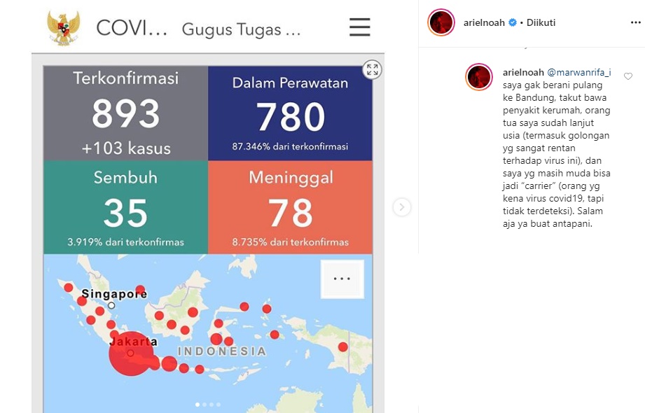 Bijak, Ariel NOAH Tak Berani Pulang ke Bandung di Tengah Pandemi Corona