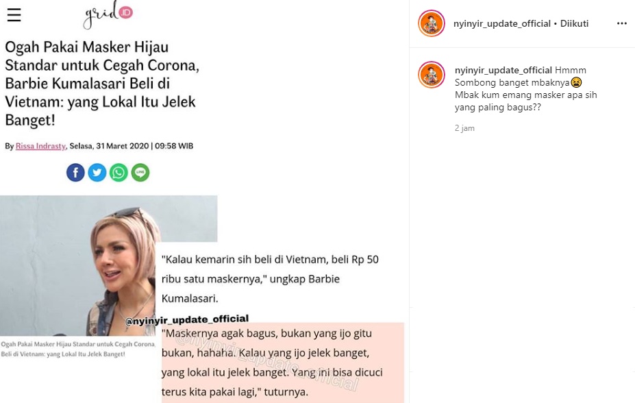 Barbie Kumalasari Lebih Pilih Masker Beli di Vietnam Ketimbang Lokal, Malah Ramai Diledek Begini