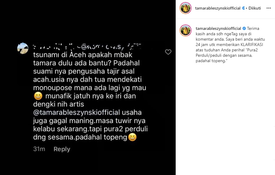 Akun IG Penghina Dirinya Raib, Begini Kata Menohok Tamara Bleszynski