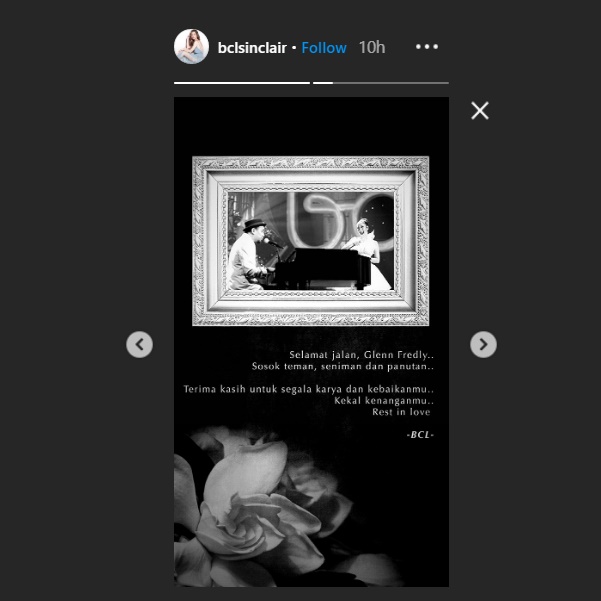bunga citra lestari update instagram story demi mengucapkan belasungkawa atas kepergian glenn fredly