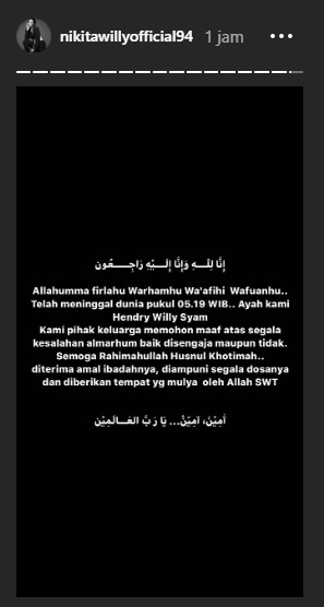 Ayah Kandung Nikita Willy Meninggal Dunia, Ini Penyebabnya