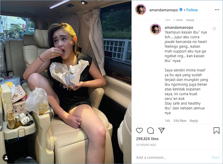 amanda manopo memberikan pembelaan untuk seorang warganet yang dibully di kolom komentar unggahannya di Instagram