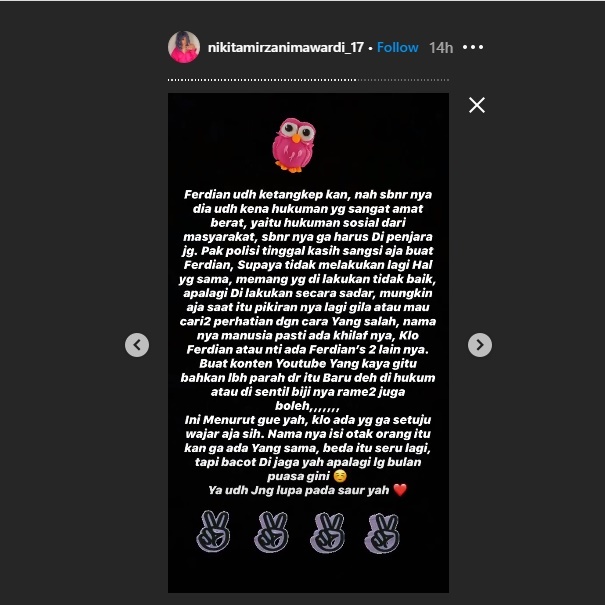nikita mirzani menyebutkan jika youtuber ferdian paleka tidak harus diamankan oleh pihak kepolisian