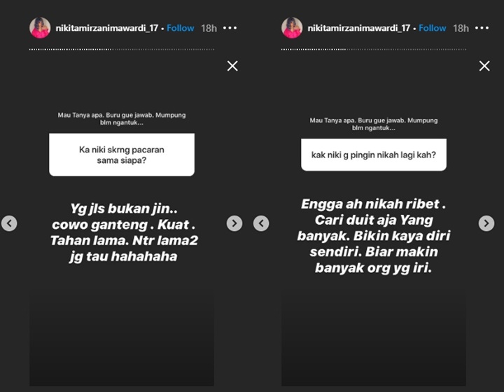 nikita mirzani menjawab beberapa pertanyaan netizen mengenai kekasih baru hingga kemungkinan untuk menikah lagi