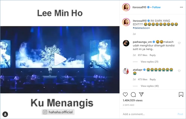 rossa membagikan ulang video editan lee min ho menyanyikan lagu miliknya yang bertajuk \'ku menangis\'