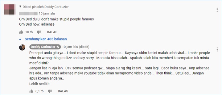 deddy corbuzier memberikan balasan menohok atas cibiran warganet