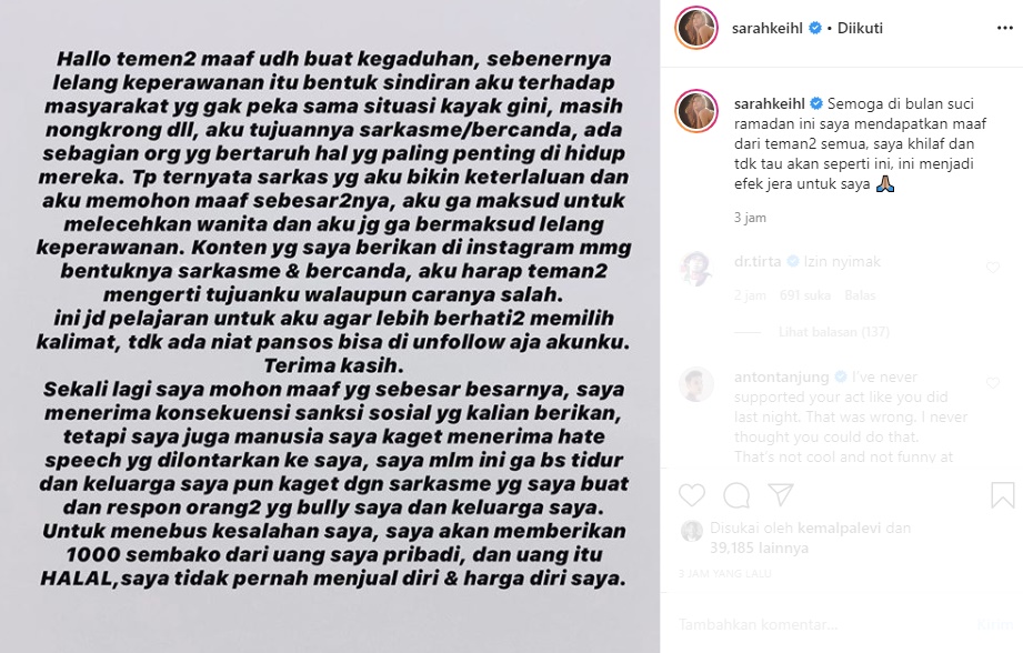 Lelang Keperawanan Diakui Cuma Sarkas, Sarah Keihl Tebus Kesalahan dengan Berbagi 1000 Sembako