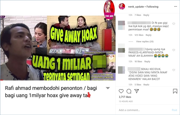 seorang pria menyebutkan jika giveaway berhadiah 1 miliar rupiah yang diadakan raffi ahmad dan nagita slavina adalah bohongan belaka