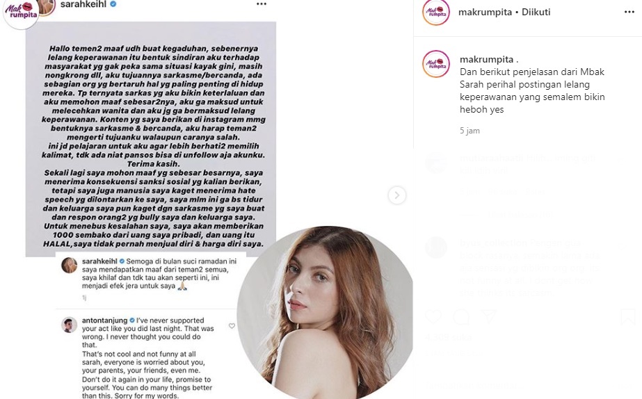 Sarah Keihl Cuma Bercanda Soal Lelang Keperawanan, Mantan Pacar: Nggak Lucu Sama Sekali!