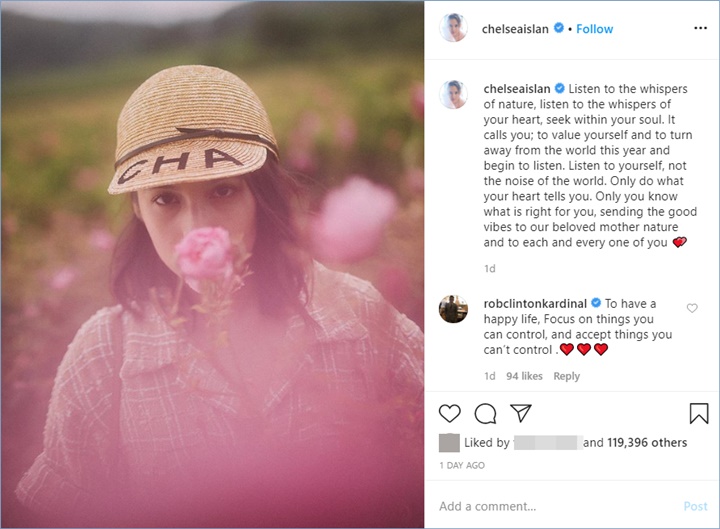 rob clinton kardinal langsung menuliskan komentar manis di unggahan chelsea islan