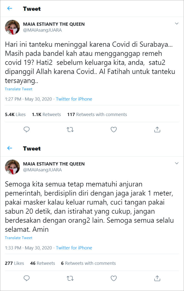 Tante Meninggal Akibat Corona, Maia Estianty Beri Pesan Menohok untuk Masyarakat yang Bandel