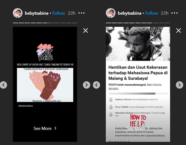 beby tsabina mengajak para followers untuk menandatangani petisi mengusut kekerasan yang diterima mahasiswa asal Papua