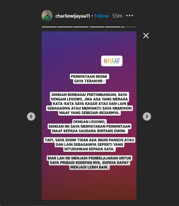charlie wijaya menuliskan surat permintaan maaf terbuka melalui akun Instagram pribadinya
