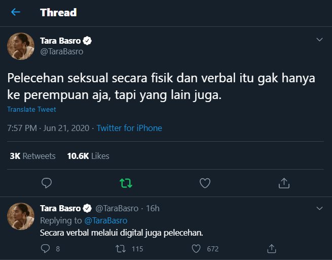 tara basro kembali menuai sanjungan usai mengingatkan jika pelecehan seksual tidak hanya didapatkan oleh wanita saja