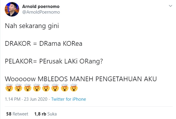 Chef Arnold Tak Tahu Singkatan Drakor dan Pelakor, Banjir Komentar Jenaka Warga Twitter