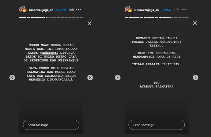 sunan kalijaga mengungkapkan permintaan maaf kepada aska ongi lantaran permasalahan kdrt harus ditunda kerena salmafina sakit