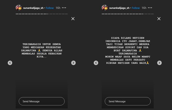 sunan kalijaga mengucapkan terima kasih kepada netizen yang mendoakan kesembuhan dari salmafina sunan
