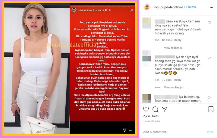 nikita mirzani mendapatkan respons negatif karena dituding menyindir baim wong