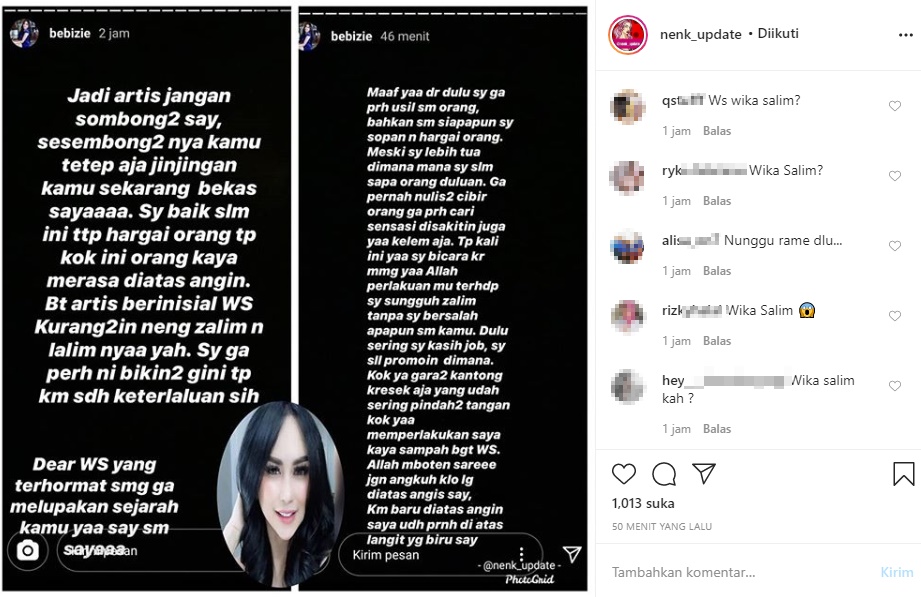 Merasa Diperlakukan Bak Sampah, Bebizie ‘Sentil’ Artis Berinisial WS: Kurang-kurangin Neng Zalim