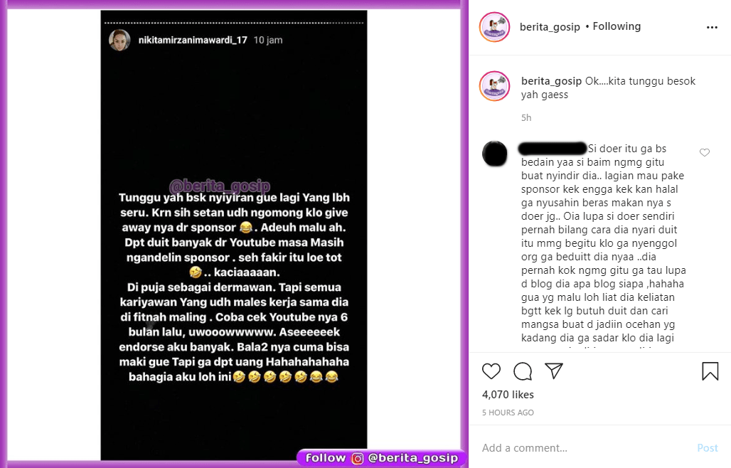 Nikita Mirzani Diduga Kembali Sindir Baim Wong Usai Ngaku Giveaway Dari Sponsor