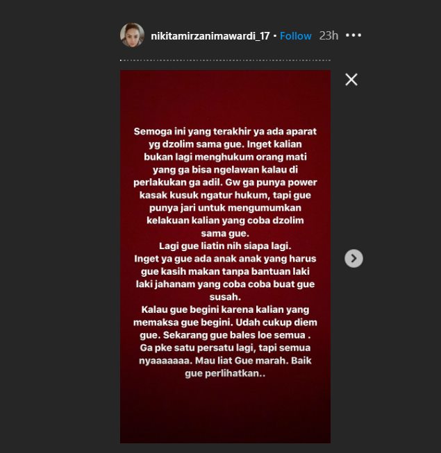 nikita mirzani mengungkapkan ancaman kepada seorang aparat ancaman melalui instagram story akun pribadinya