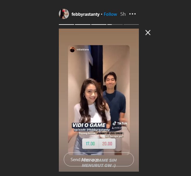 febby rastanty membagikan ulang instagram story yang dibagikan oleh vidi aldiano