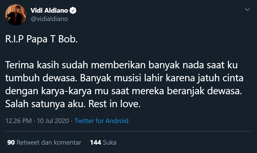 Papa T Bob Meninggal Dunia, Vidi Aldiano Ucap Belasungkawa Sambil Tulis Ungkapan Ini