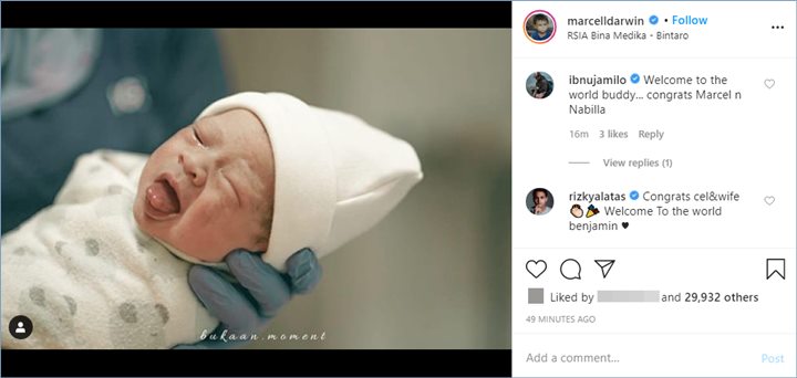 para selebriti memberikan ucapan selamat kepada marcell darwin dan nabila faisal atas kelahiran putra pertama mereka
