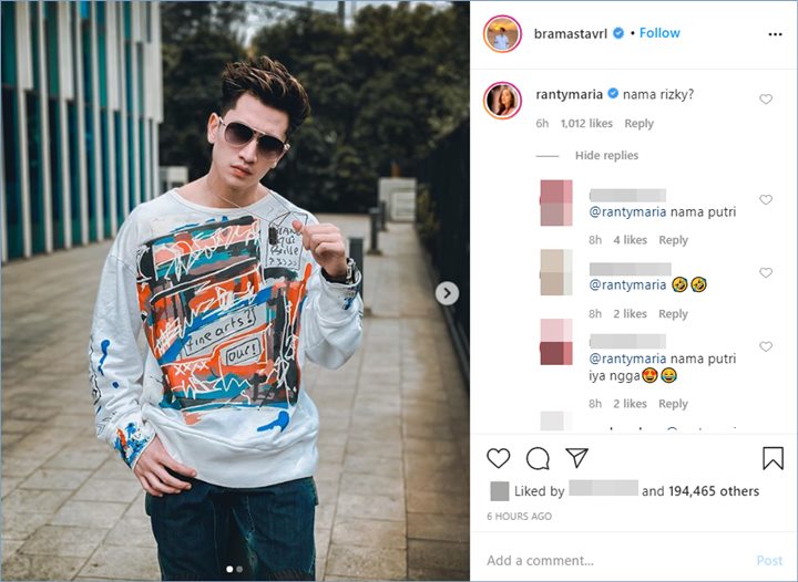 ranty maria terlihat menulis komentar di unggahan verrell bramasta
