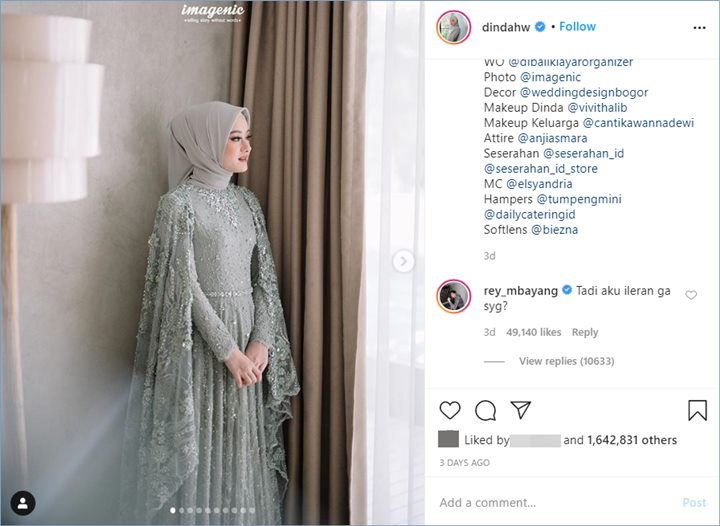 interaksi rey mbayang dan dinda hauw di instagram