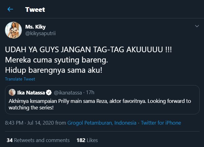 kiky saputri membuat warga twitter heboh usai menanggapi pemberitaan prilly latuconsina dan reza rahadian yang tengah viral
