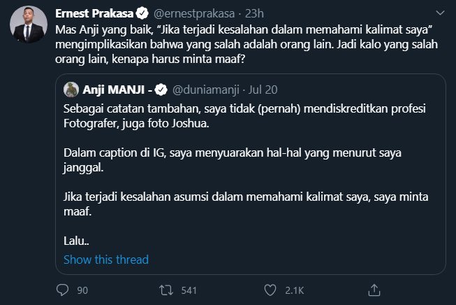 ernest prakasa memberikan balasan mengenai permintaan maaf anji mengenai opininya soal potret jenazah covid-19 yang dianggap janggal