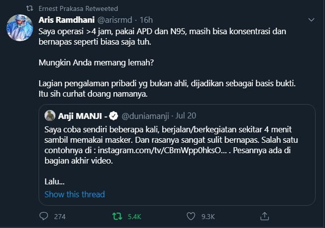 ernest prakasa me-retweet cuitan seorang dokter yang membalas opini anji mengenai olahraga mengenakan masker akan membuat sesak napas