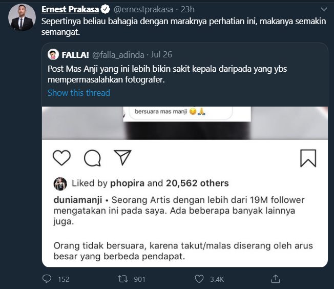 ernest prakasa memberikan sindiran kepada unggahan anji mengenai kebebasan berpendapat