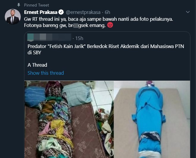 ernest prakasa menyoroti cuitan mengenai seorang penggemarnya yang ternyata adalah pelaku pelecehan