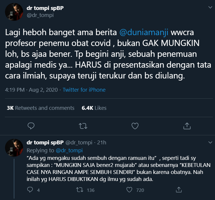 Tompi Ikut Sentil Video Wawancara Anji Soal Penemuan Obat Covid-19, Beri Saran Bijak Ini