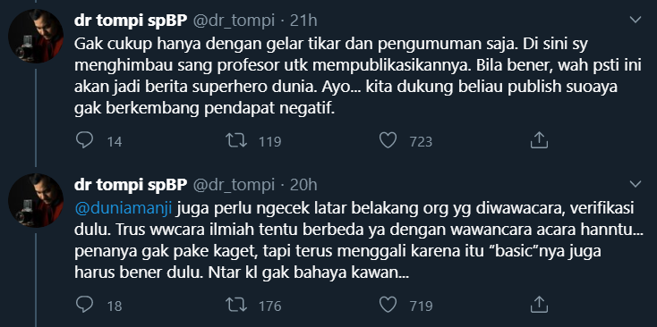 Tompi Ikut Sentil Video Wawancara Anji Soal Penemuan Obat Covid-19, Beri Saran Bijak Ini