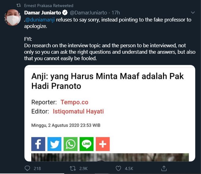 ernest prakasa menyoroti pemberitaan anji enggan meminta maaf