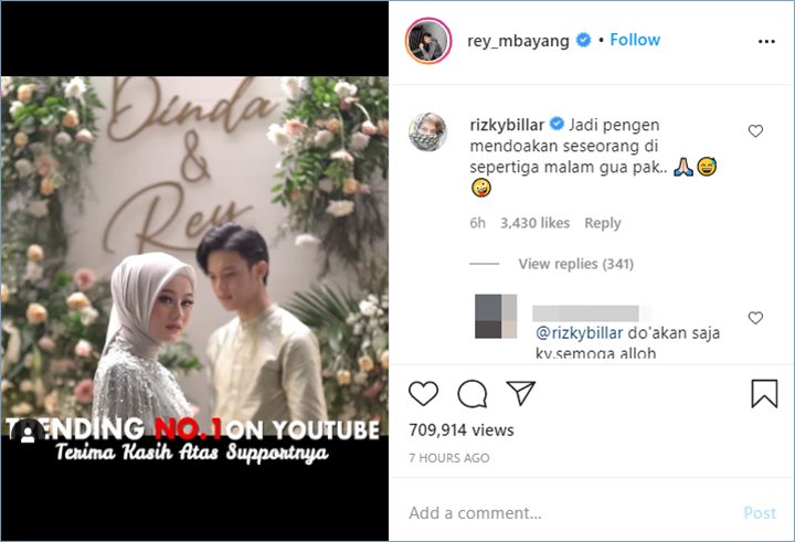 rizky mendapatkan sorotan karena menuliskan curhatan melalui kolom komentar unggahan rey mbayang