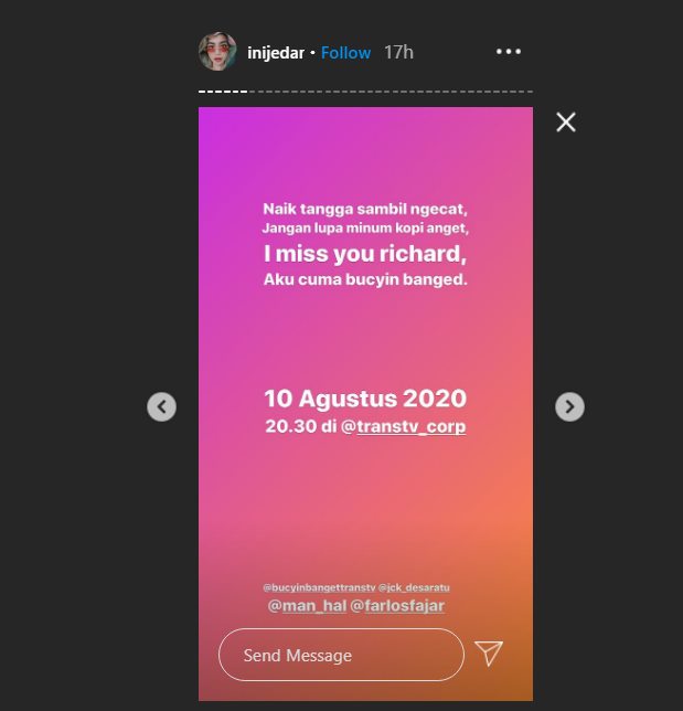 jessica iskandar menuliskan di instagram story jika ia tengah merindukan seseorang bernama richard hingga mengaku sangat bucin