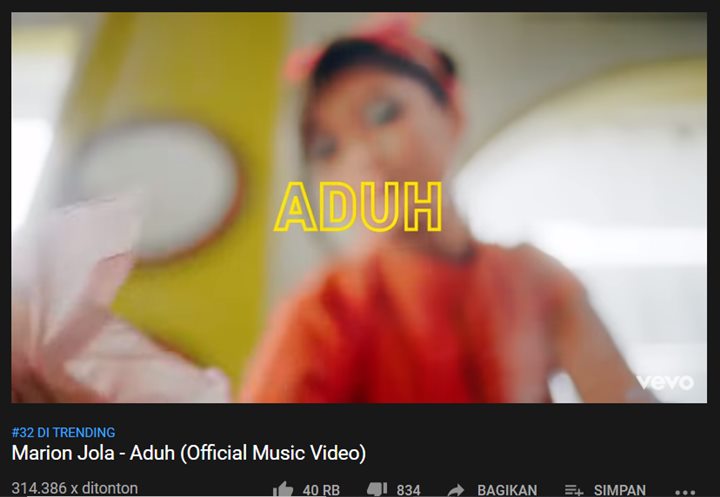 video klip \'aduh\' milik marion jola masuk ke trending youtube indonesia kurang dari 24 jam perilisan