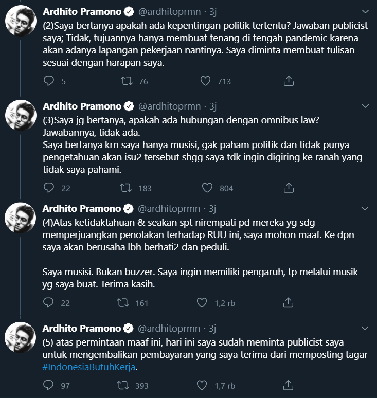 Ardhito Pramono Ucap Permintaan Maaf Usai Promosikan RUU Cipta Kerja, Bayaran Posting Dikembalikan?