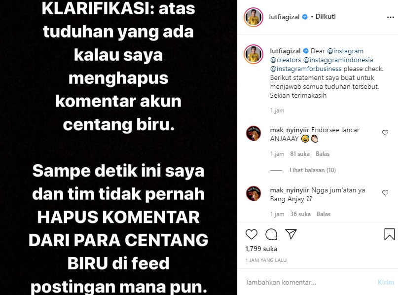 Dituding Hapus Komentar Para Akun Centang Biru, Lutfi Agizal Tegas Klarifikasi Kini Disambut Hangat?
