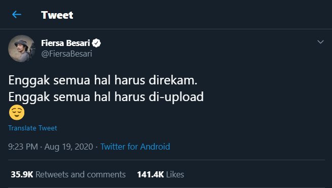 fiersa besari membaut cuitan mengenai merekam dan mengunggah kala heboh video adhisty zara dan sang kekasih di media sosial